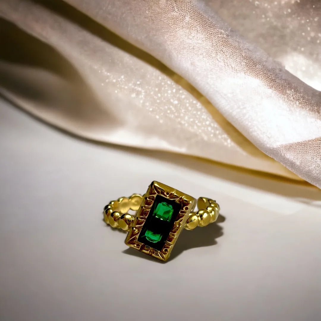 Green Stone Golden Adjustable Ring